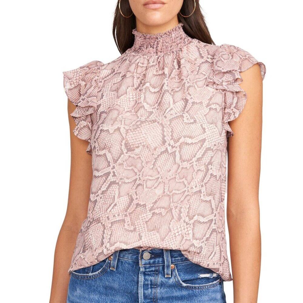 1.STATE Keyhole Flutter Sleeve Smocked Neck Silky Snake Ballet Dust Pink…